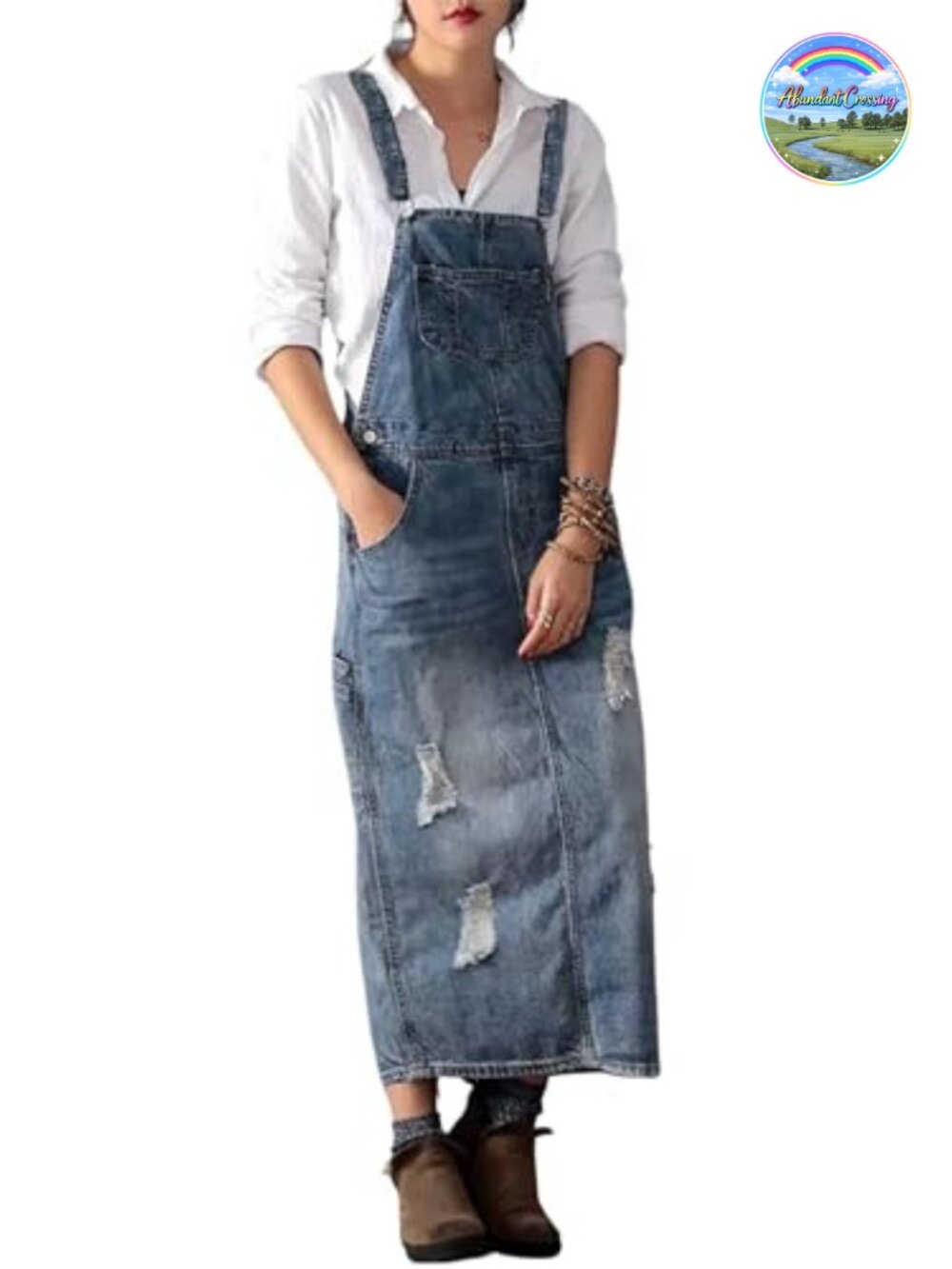 Distressed Denim Overall Dress A-Line Pinafore Midi Split